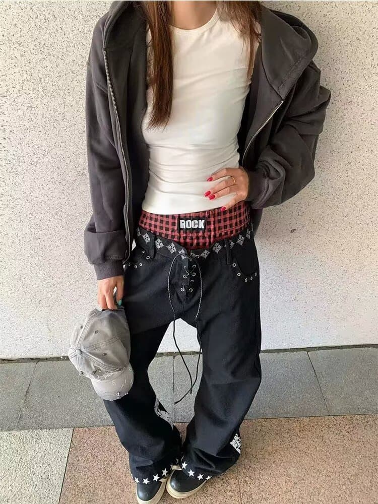 한국 chic 이른 가을 새로운 프린트 더블 허리 펌프 로프 배색 청바지 남녀 유럽과 미국 높음 거리 넓은 다리 바닥 청소 바지 상세 이미지 1