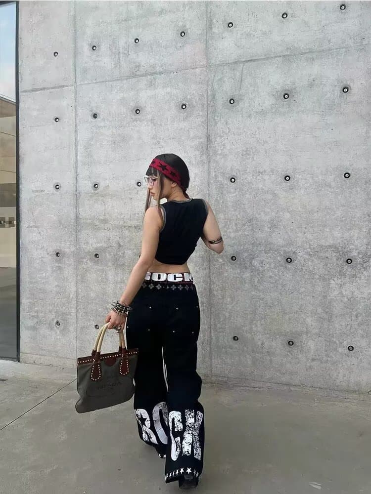한국 chic 이른 가을 새로운 프린트 더블 허리 펌프 로프 배색 청바지 남녀 유럽과 미국 높음 거리 넓은 다리 바닥 청소 바지 상세 이미지 5