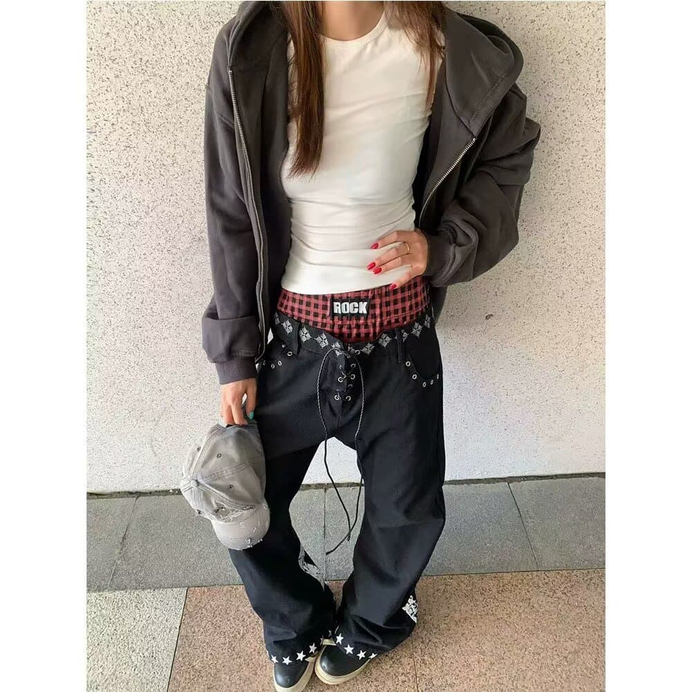 한국 chic 이른 가을 새로운 프린트 더블 허리 펌프 로프 배색 청바지 남녀 유럽과 미국 높음 거리 넓은 다리 바닥 청소 바지 상세 이미지 8