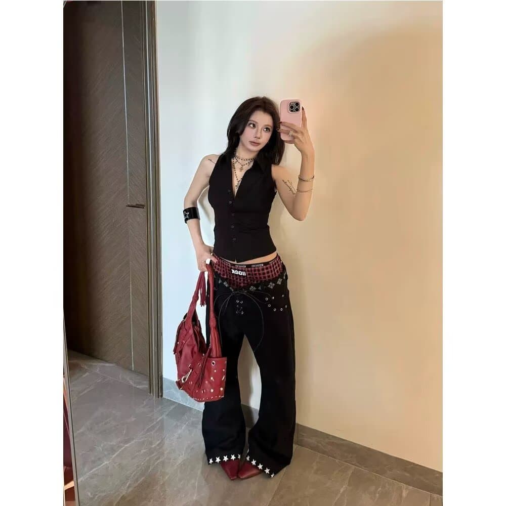 한국 chic 이른 가을 새로운 프린트 더블 허리 펌프 로프 배색 청바지 남녀 유럽과 미국 높음 거리 넓은 다리 바닥 청소 바지 상세 이미지 9