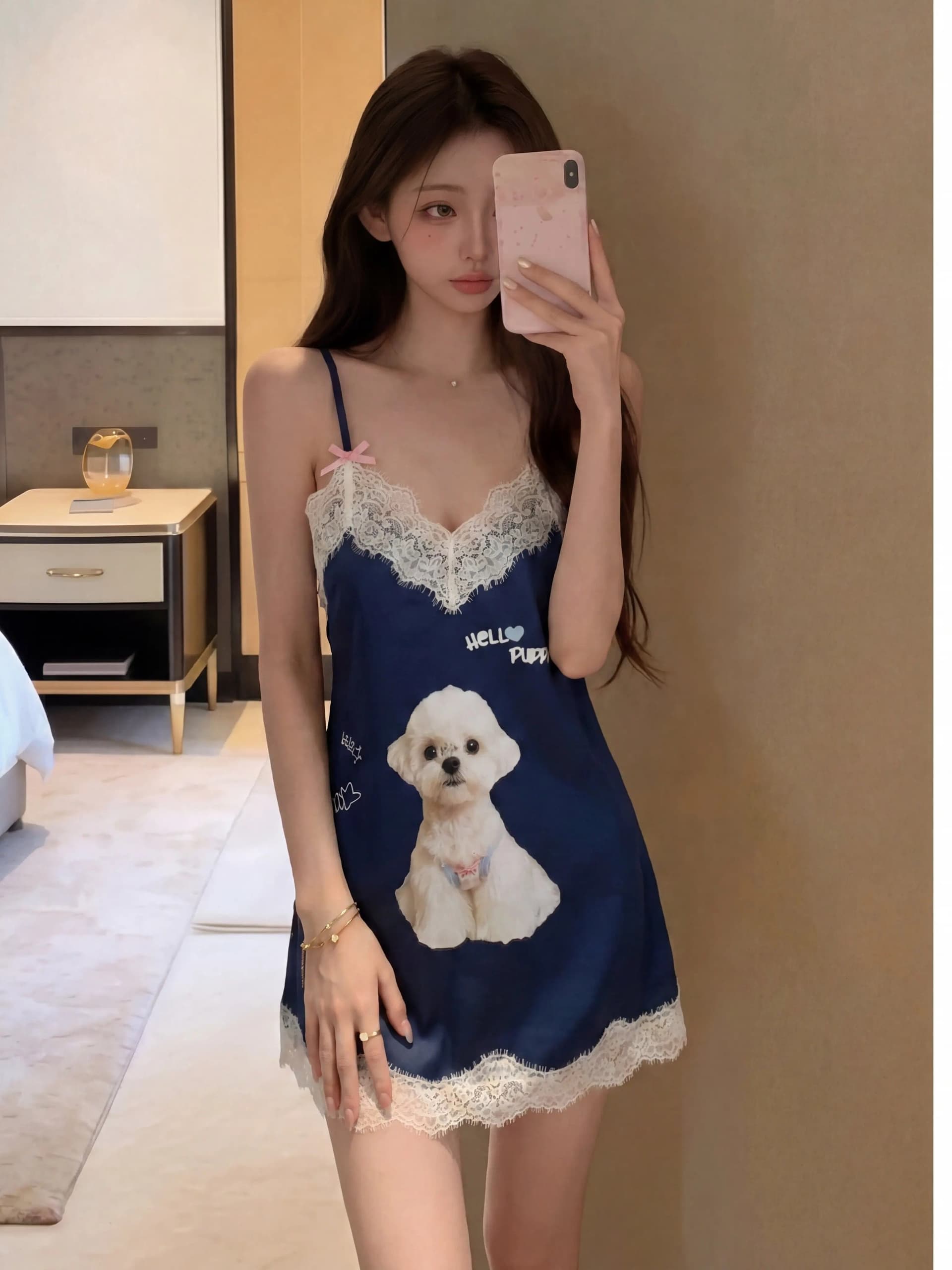 여름 새로운 순수한 욕망 바람 화이트 레이스 슬립 여성 드레스 만화 강아지 프린트 섹시함 V넥 미니 스커트 트렌디