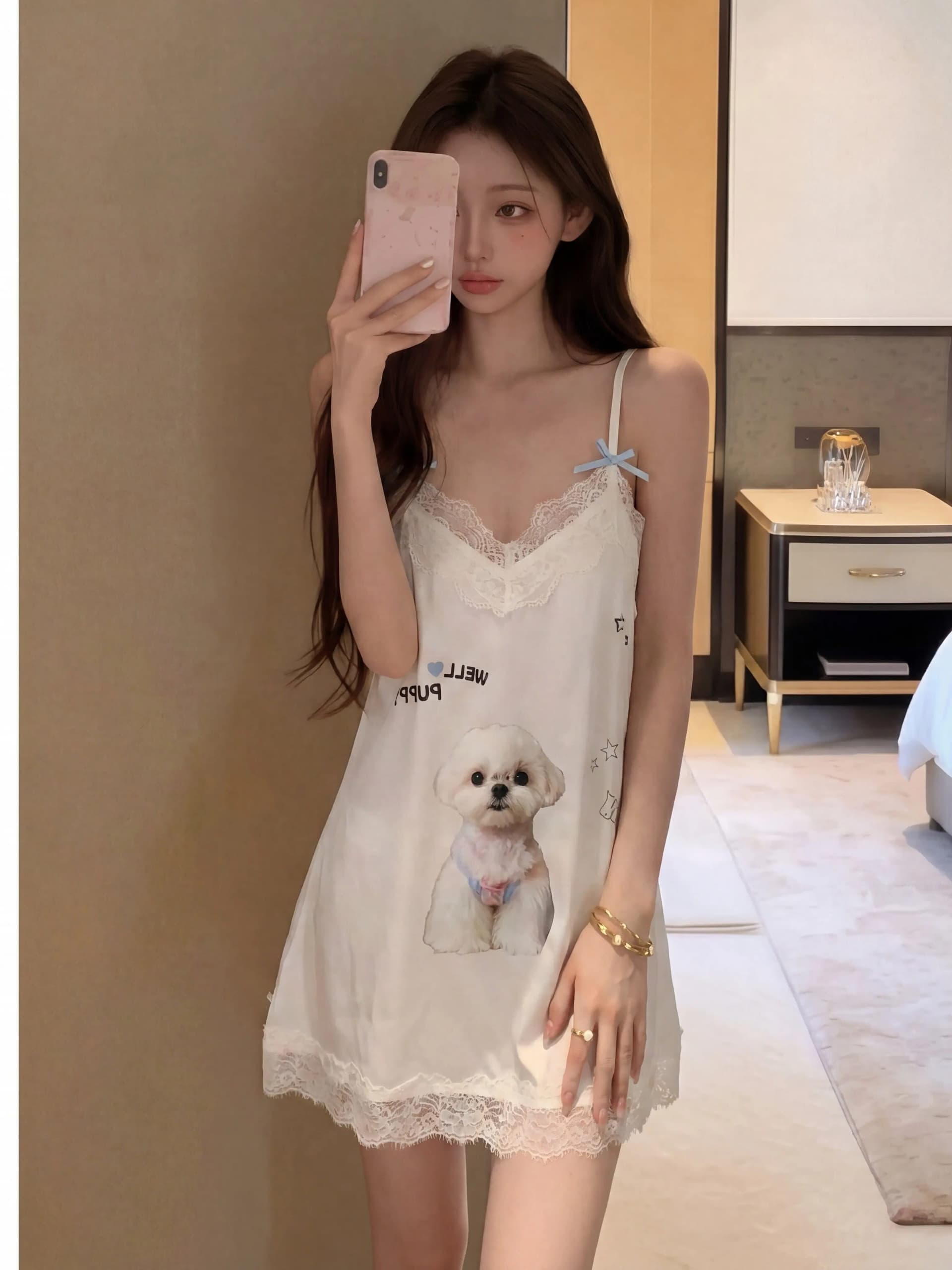 여름 새로운 순수한 욕망 바람 화이트 레이스 슬립 여성 드레스 만화 강아지 프린트 섹시함 V넥 미니 스커트 트렌디 상세 이미지 1