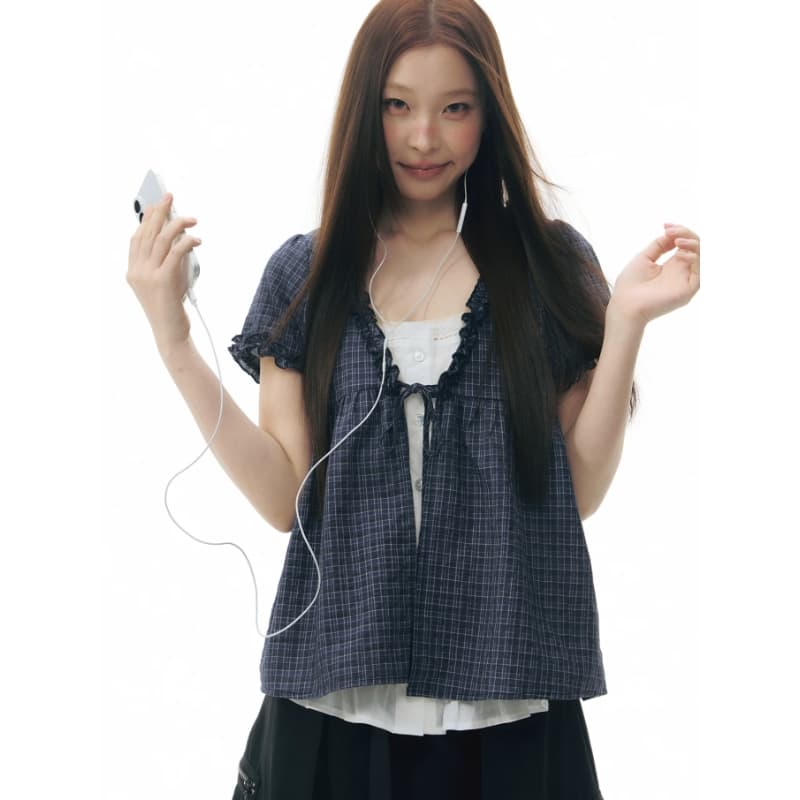 학원 스타일 체크무늬 반팔 여성 셔츠 여름 착용 가져 가라. 프릴 페이크 레이어드 셔츠 작은 셔츠 루즈핏 슬림해 보이는 맨위 이미지 3
