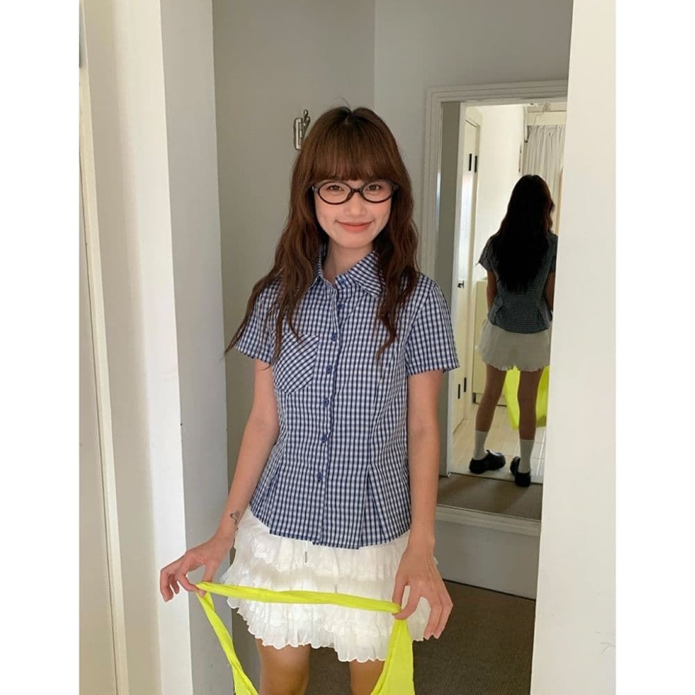 한 부서 파란색 체크무늬 허리 수축 긍정적 인 어깨 반팔 여성 셔츠 여름 고유 한 디자인 센스 작은 대중 몸매 가꾸기 셔츠 맨위 이미지 4