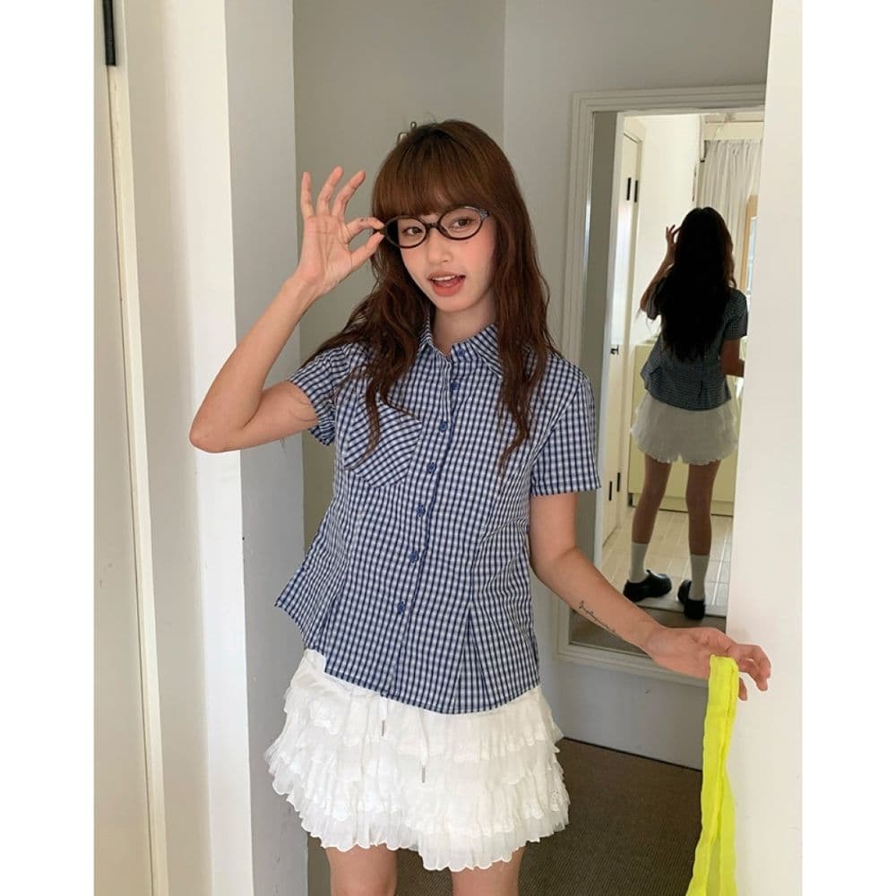 한 부서 파란색 체크무늬 허리 수축 긍정적 인 어깨 반팔 여성 셔츠 여름 고유 한 디자인 센스 작은 대중 몸매 가꾸기 셔츠 맨위 상세 이미지 7