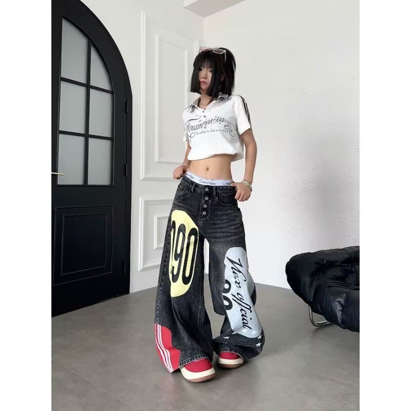 한국 chic 아메리칸 이른 가을 새로운 루즈핏 청바지 여성 슬림해 보이는 캐주얼 하렘 바지 패치워크 아빠 바지 축소 바지 이미지 2