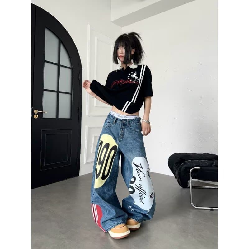한국 chic 아메리칸 이른 가을 새로운 루즈핏 청바지 여성 슬림해 보이는 캐주얼 하렘 바지 패치워크 아빠 바지 축소 바지 이미지 4