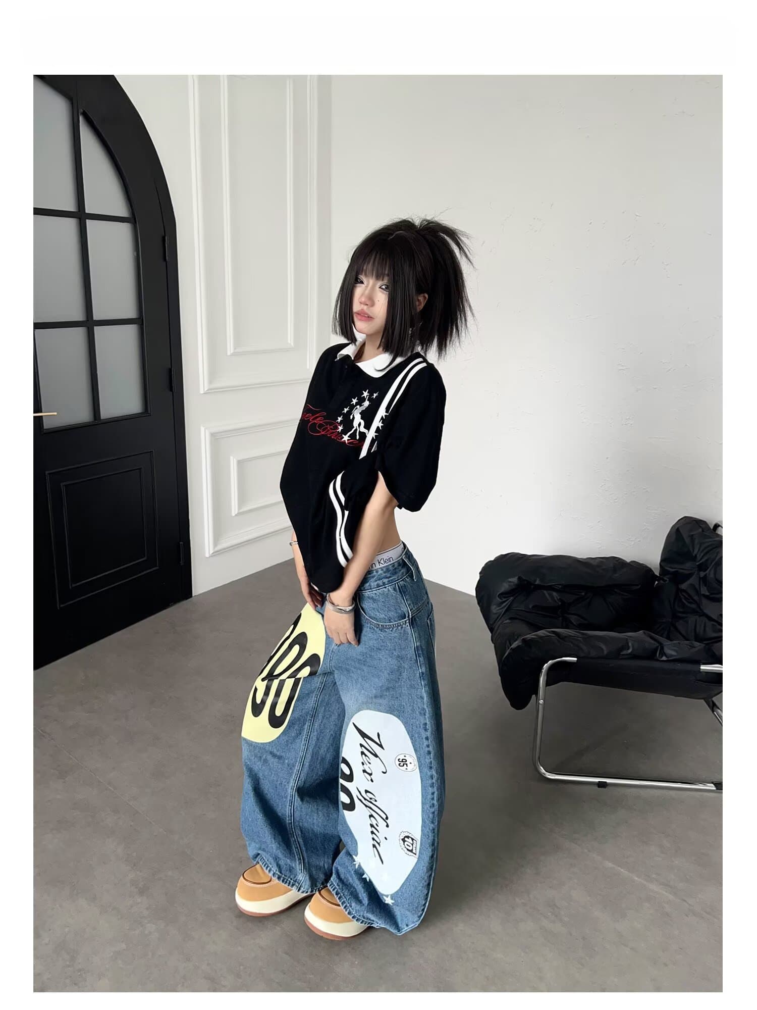 한국 chic 아메리칸 이른 가을 새로운 루즈핏 청바지 여성 슬림해 보이는 캐주얼 하렘 바지 패치워크 아빠 바지 축소 바지 상세 이미지 12