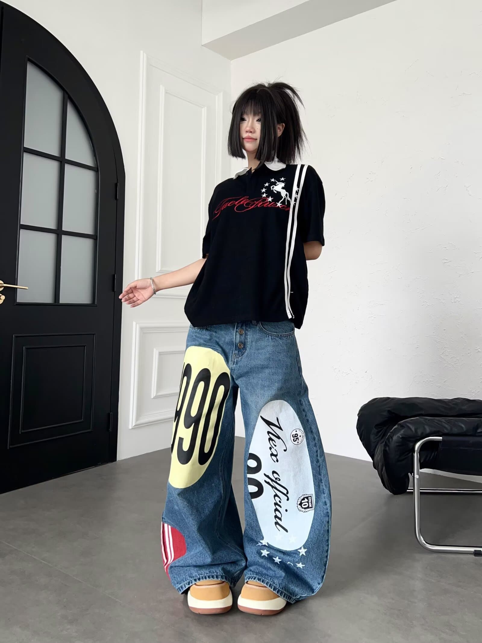 한국 chic 아메리칸 이른 가을 새로운 루즈핏 청바지 여성 슬림해 보이는 캐주얼 하렘 바지 패치워크 아빠 바지 축소 바지 상세 이미지 39