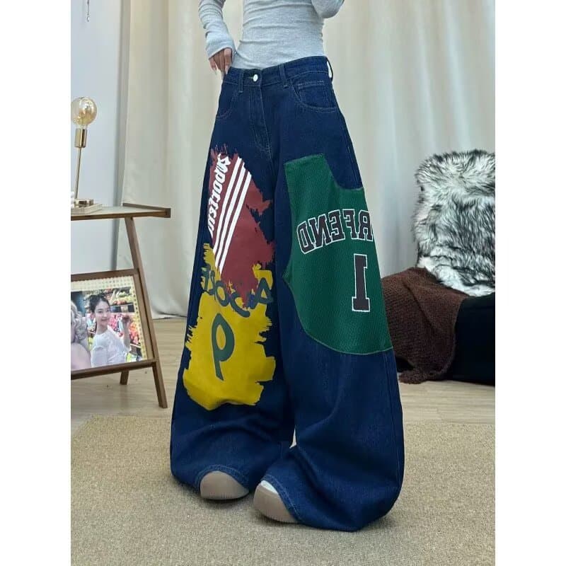 한국 chic 이른 가을 아메리칸 핫걸 레트로 배색 패치 프린트 청바지 여성 새로운 루즈핏 넓은 다리 길이 바지 상세 이미지 4