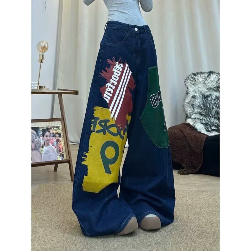 한국 chic 이른 가을 아메리칸 핫걸 레트로 배색 패치 프린트 청바지 여성 새로운 루즈핏 넓은 다리 길이 바지 상세 이미지 5