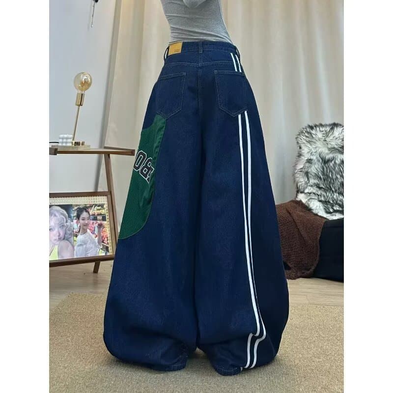 한국 chic 이른 가을 아메리칸 핫걸 레트로 배색 패치 프린트 청바지 여성 새로운 루즈핏 넓은 다리 길이 바지 상세 이미지 6