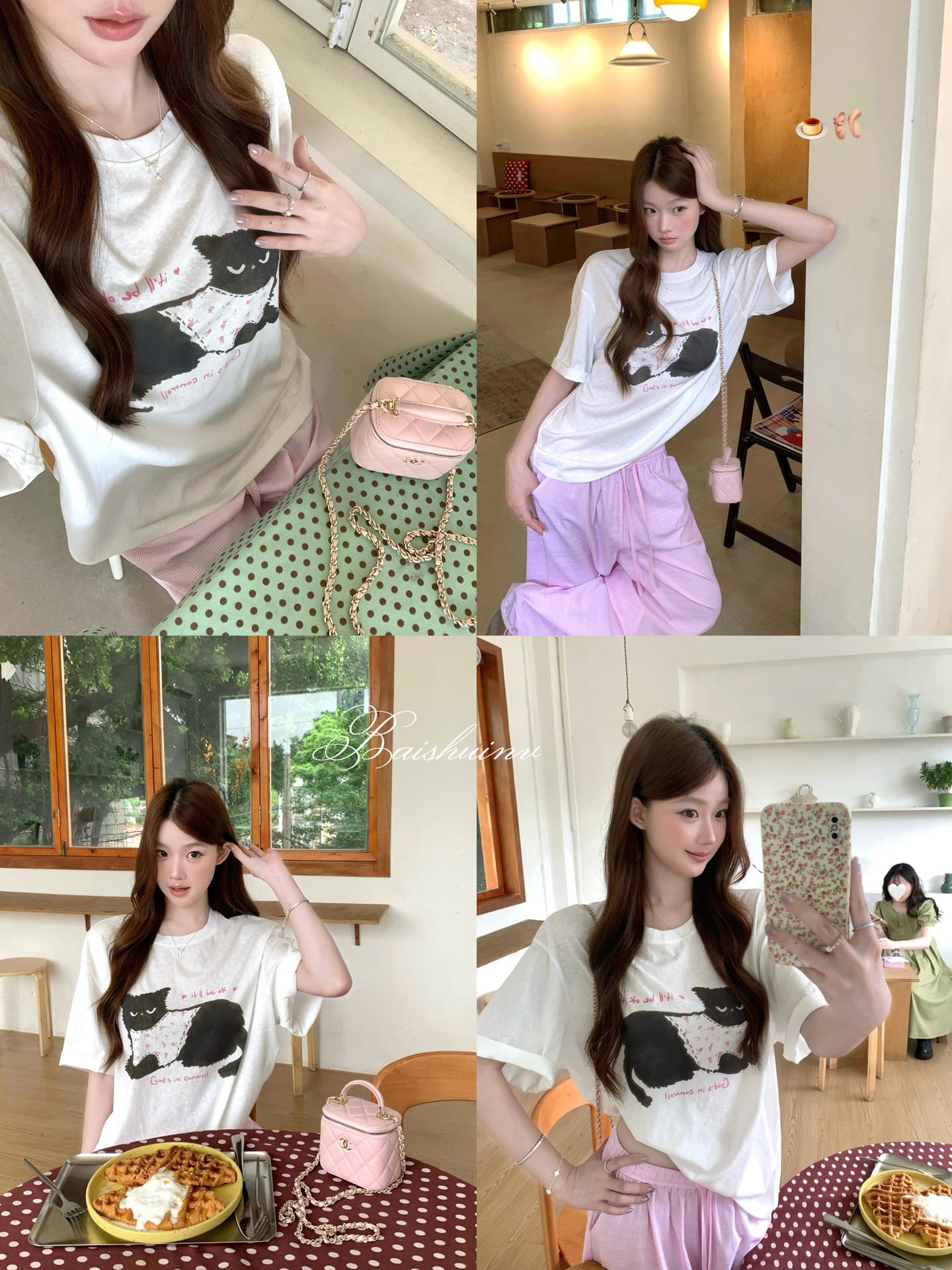 눈꽃 면 고양이 프린트 라운드 넥 티셔츠 여성 여름 섹션 한 부서 달콤함 귀여운 루즈핏 느긋한 센스 다용도 맨위 이미지 3
