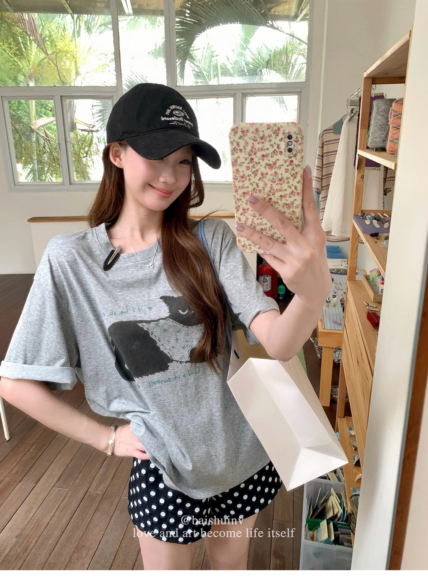 눈꽃 면 고양이 프린트 라운드 넥 티셔츠 여성 여름 섹션 한 부서 달콤함 귀여운 루즈핏 느긋한 센스 다용도 맨위 상세 이미지 9