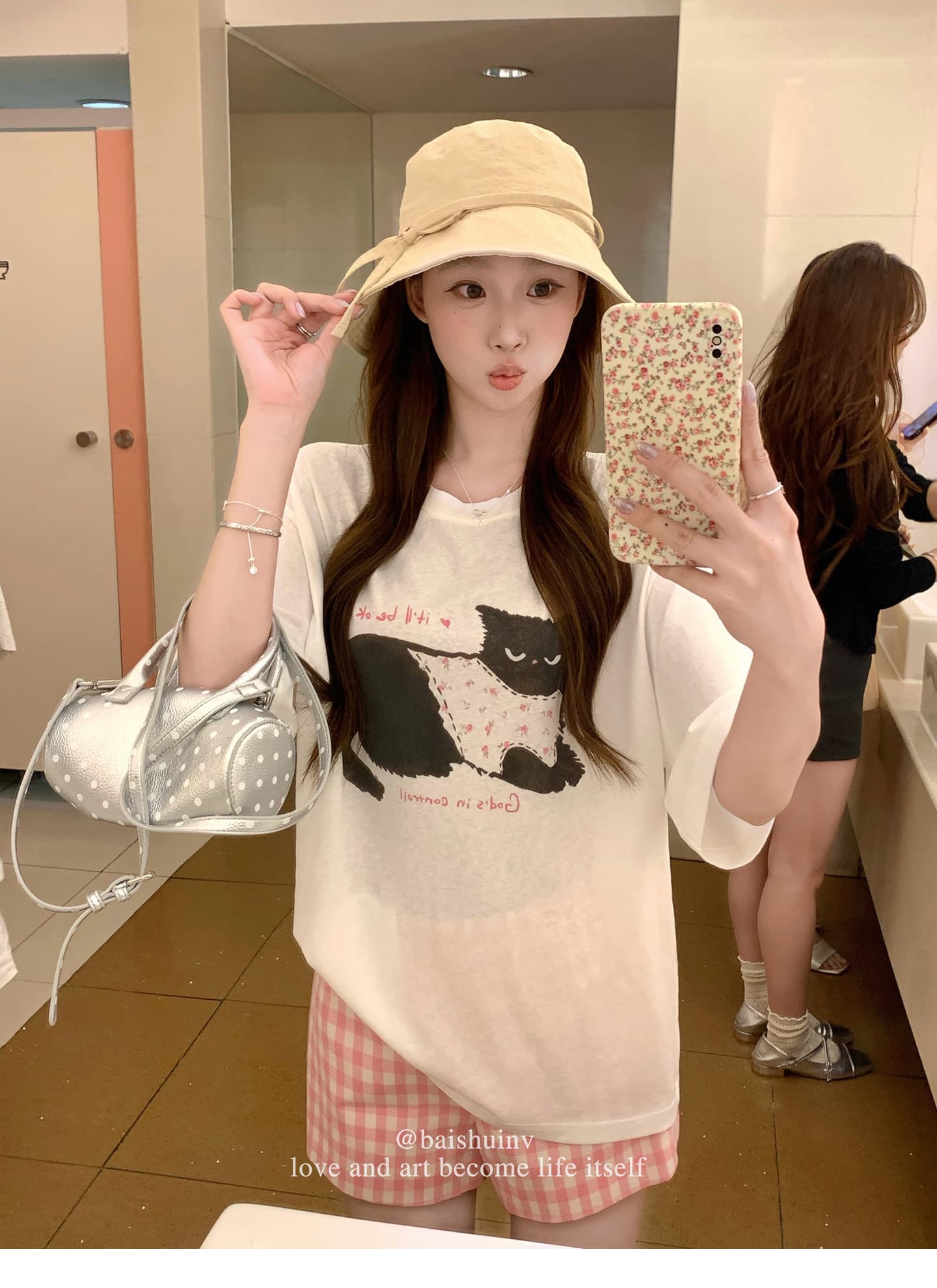 눈꽃 면 고양이 프린트 라운드 넥 티셔츠 여성 여름 섹션 한 부서 달콤함 귀여운 루즈핏 느긋한 센스 다용도 맨위 상세 이미지 19