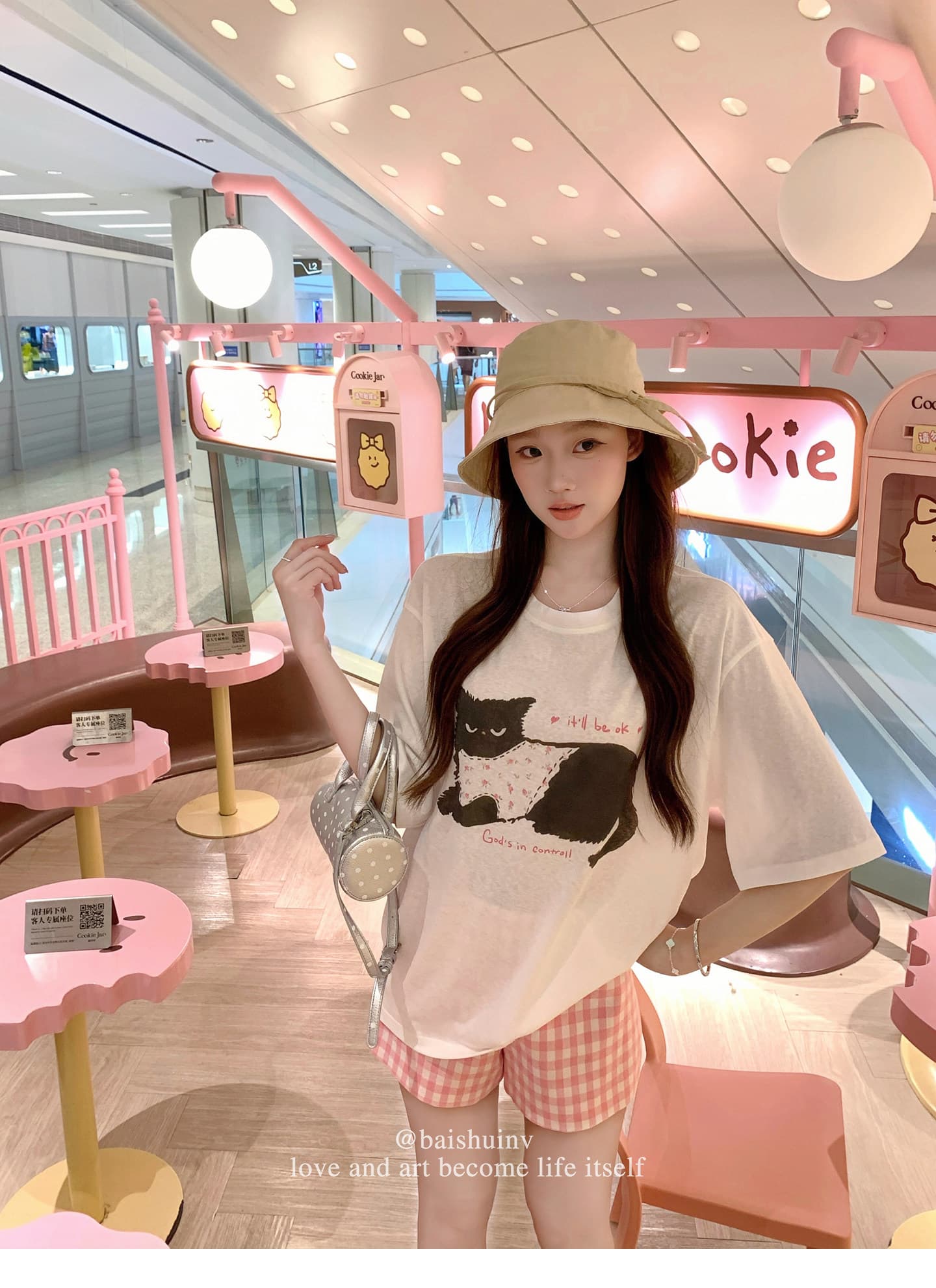 눈꽃 면 고양이 프린트 라운드 넥 티셔츠 여성 여름 섹션 한 부서 달콤함 귀여운 루즈핏 느긋한 센스 다용도 맨위 상세 이미지 20