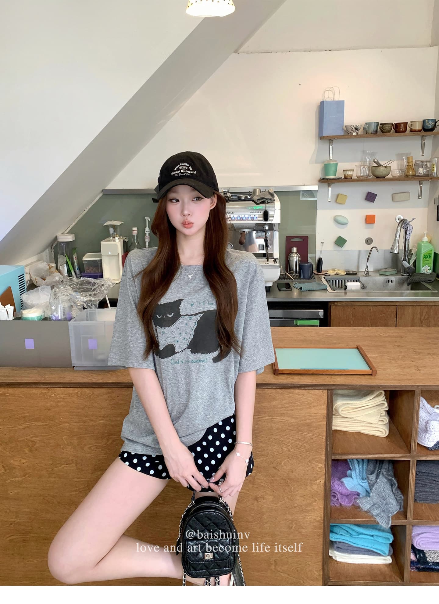 눈꽃 면 고양이 프린트 라운드 넥 티셔츠 여성 여름 섹션 한 부서 달콤함 귀여운 루즈핏 느긋한 센스 다용도 맨위 상세 이미지 21