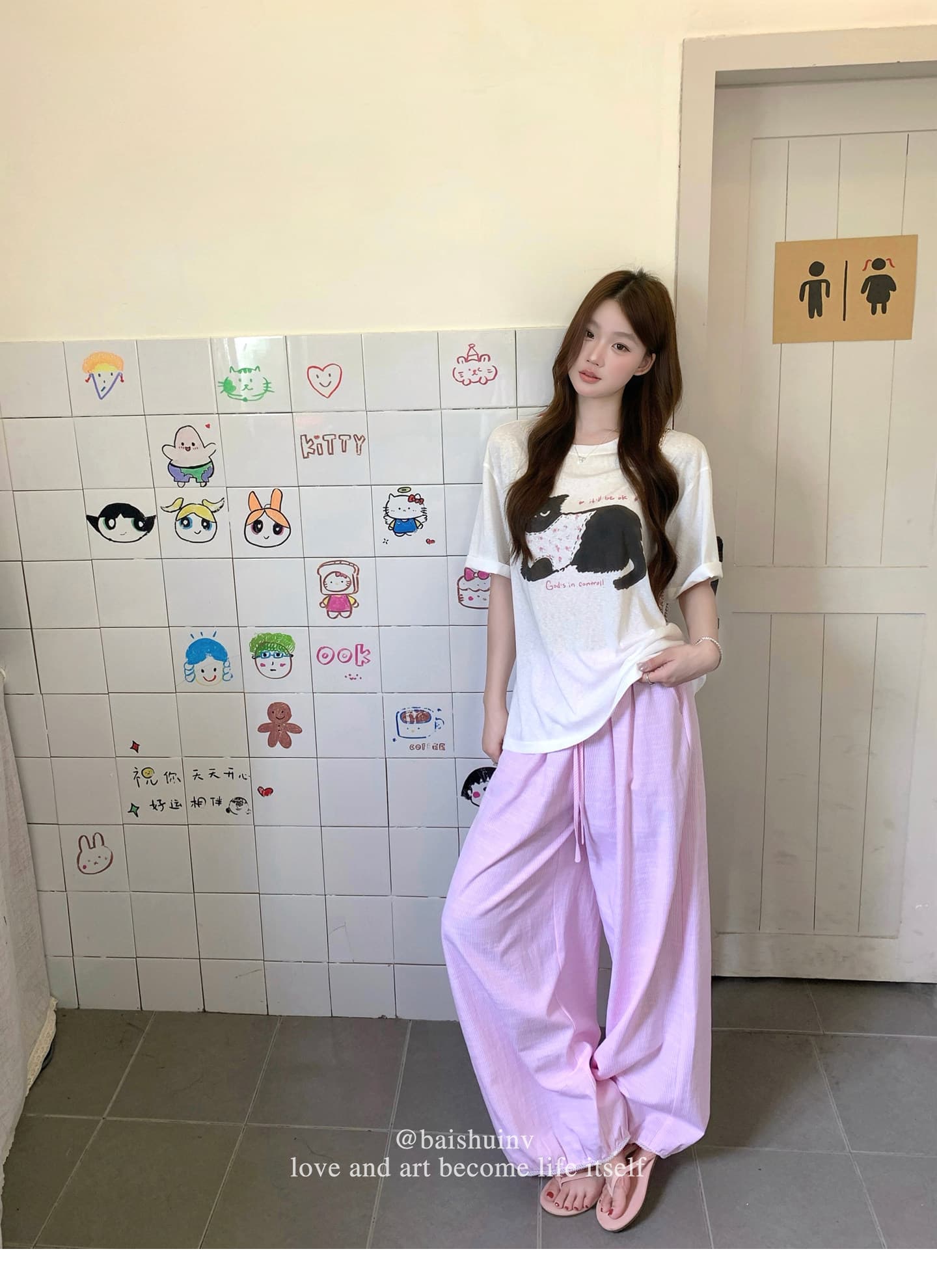 눈꽃 면 고양이 프린트 라운드 넥 티셔츠 여성 여름 섹션 한 부서 달콤함 귀여운 루즈핏 느긋한 센스 다용도 맨위 상세 이미지 30