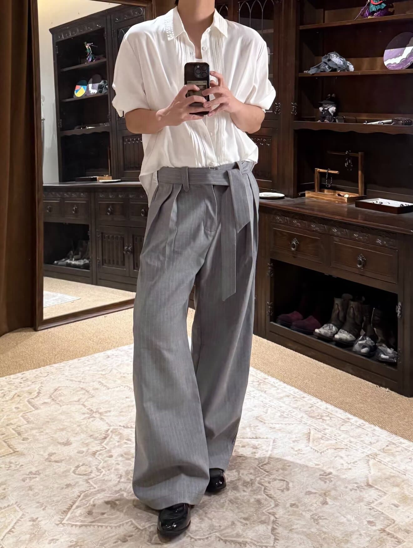 한국 chic 이른 가을 아메리칸 세로 줄무늬 명중 Pleat 디자인 센스 스트레이트 도루 센스 슬랙스 루즈핏 넓은 다리 캐주얼 바지 여성 상세 이미지 6