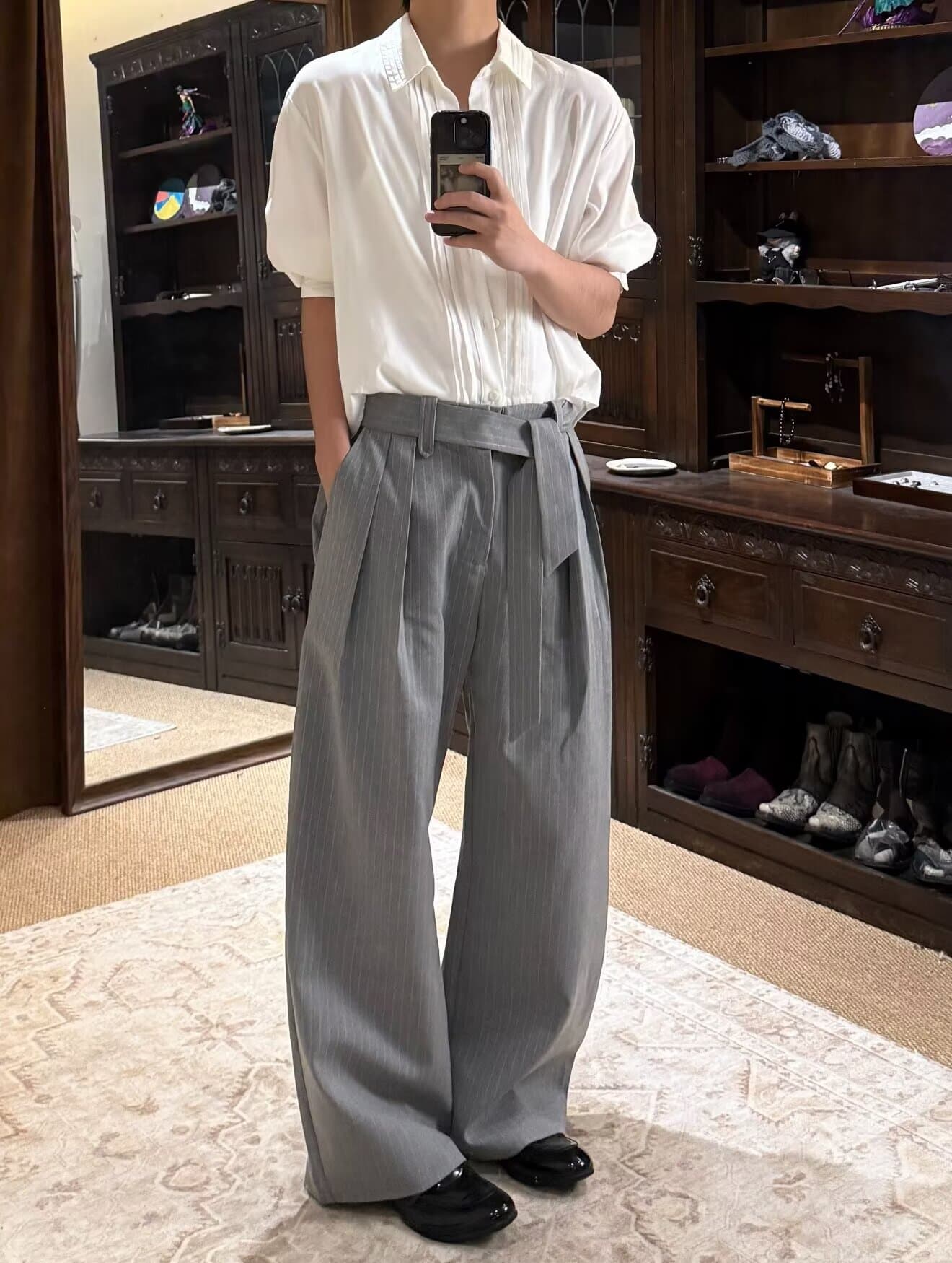 한국 chic 이른 가을 아메리칸 세로 줄무늬 명중 Pleat 디자인 센스 스트레이트 도루 센스 슬랙스 루즈핏 넓은 다리 캐주얼 바지 여성 상세 이미지 7