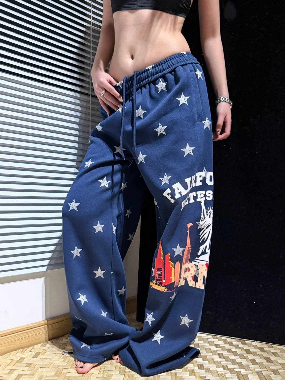 한국 chic 이른 가을 새로운 아메리칸 레트로 운동 웨이 바지 여성 전체 인쇄 별 캐주얼 루즈핏 와이드 레그 팬츠 어린이 트렌디