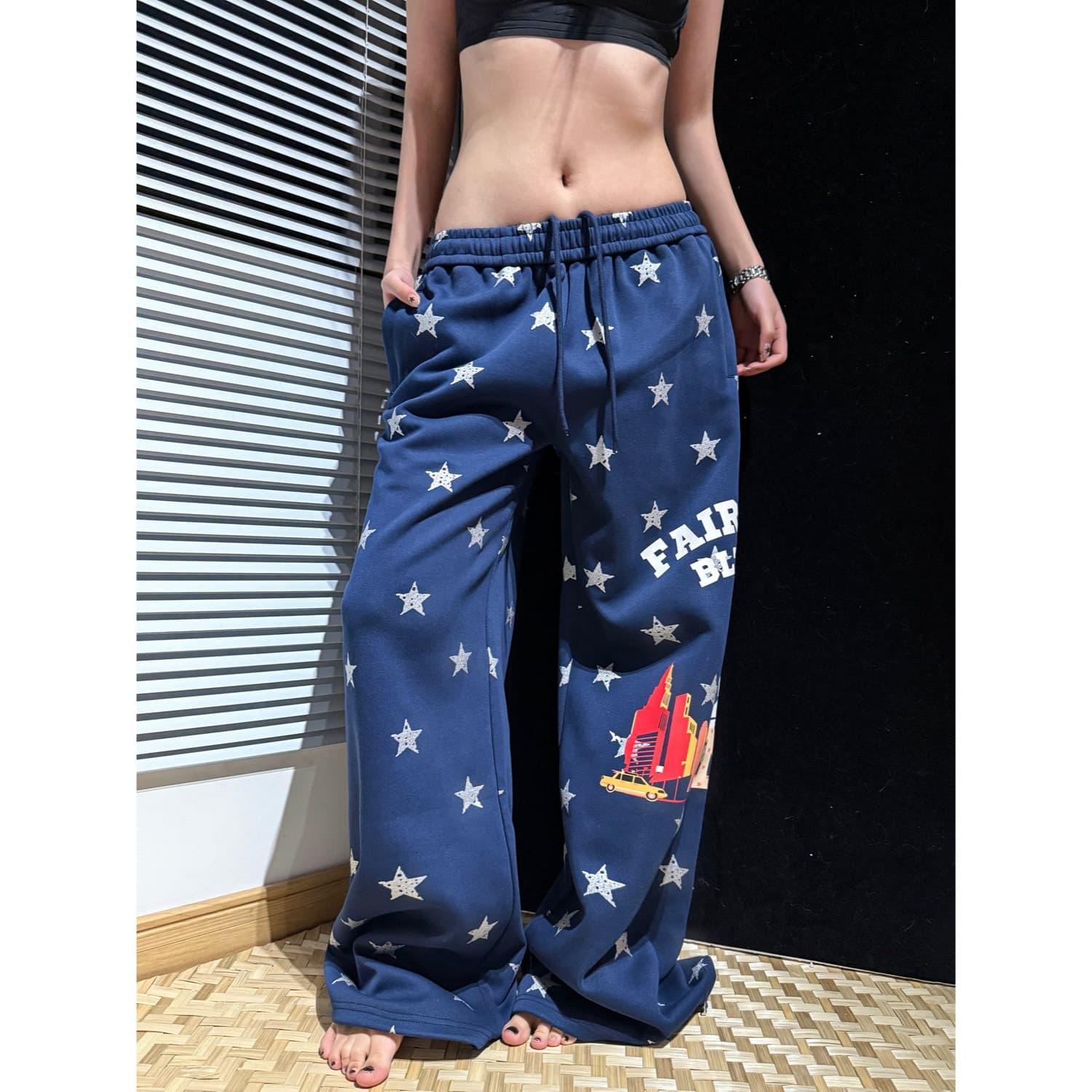 한국 chic 이른 가을 새로운 아메리칸 레트로 운동 웨이 바지 여성 전체 인쇄 별 캐주얼 루즈핏 와이드 레그 팬츠 어린이 트렌디 이미지 4