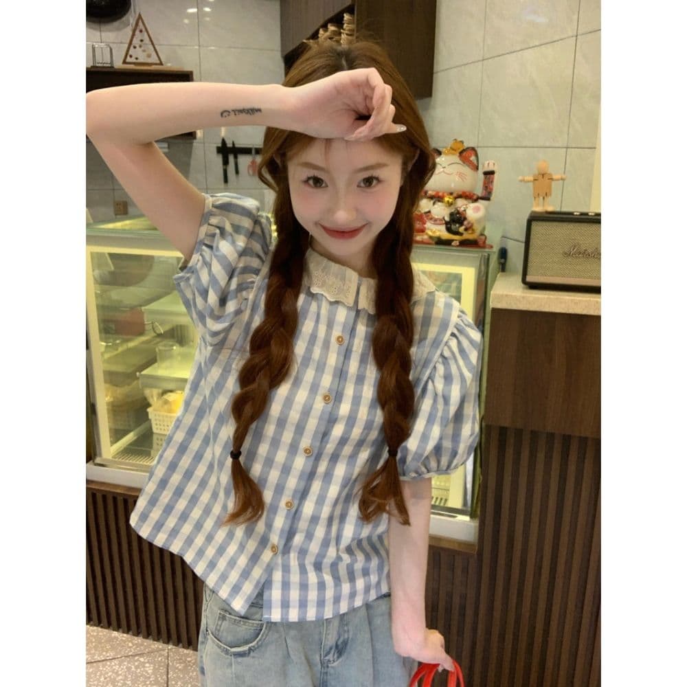 여름 새로운 패션 외국 가스 전후 둘 착용 레이스 레이스 칼라 체크무늬 반팔 셔츠 작은 청신 맨위 여성 트렌디 상세 이미지 12