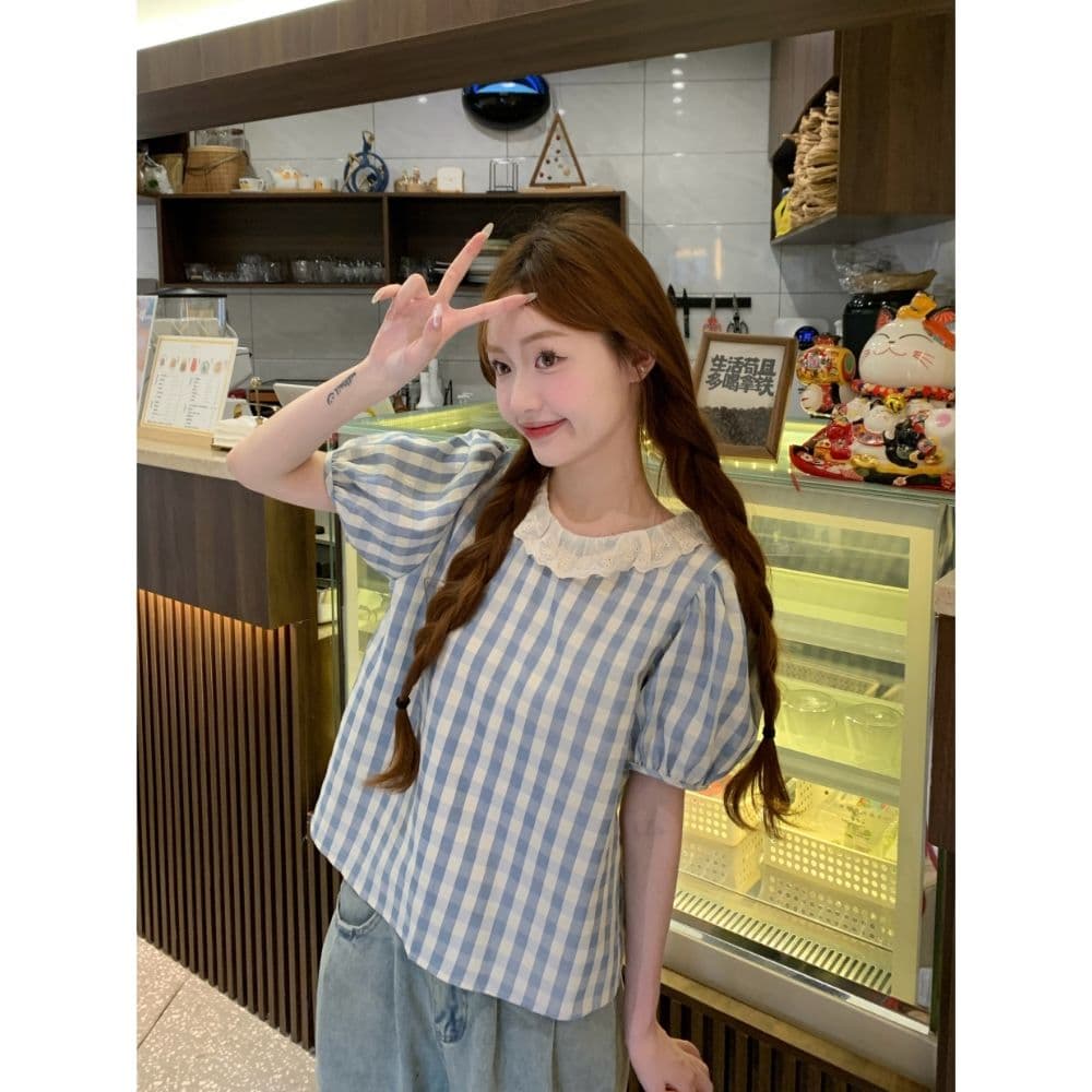 여름 새로운 패션 외국 가스 전후 둘 착용 레이스 레이스 칼라 체크무늬 반팔 셔츠 작은 청신 맨위 여성 트렌디 상세 이미지 13