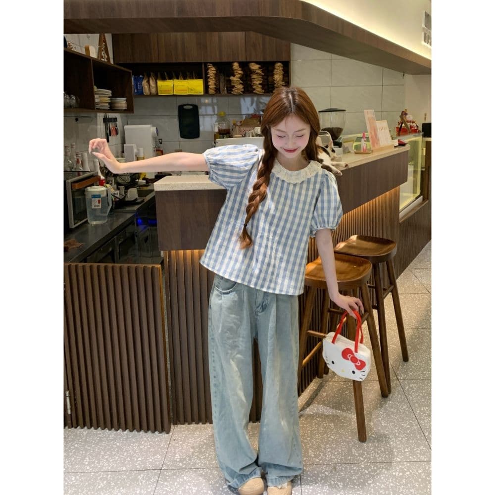 여름 새로운 패션 외국 가스 전후 둘 착용 레이스 레이스 칼라 체크무늬 반팔 셔츠 작은 청신 맨위 여성 트렌디 상세 이미지 16