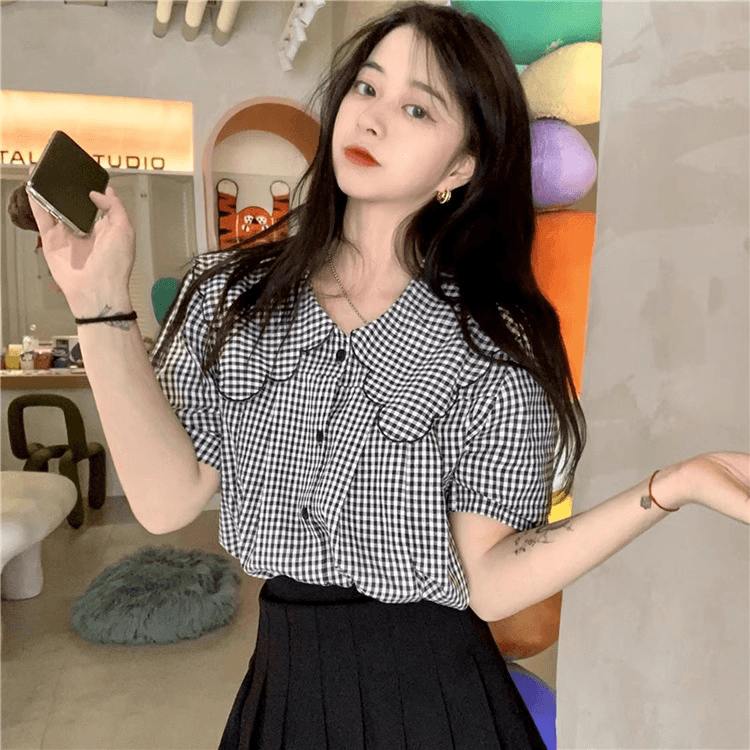 작은 키 베이비 칼라 셔츠 여성 2026 여름 새로운 프랑스식 Chic 반팔 디자인 센스 루즈핏 체크무늬 맨위 상세 이미지 10