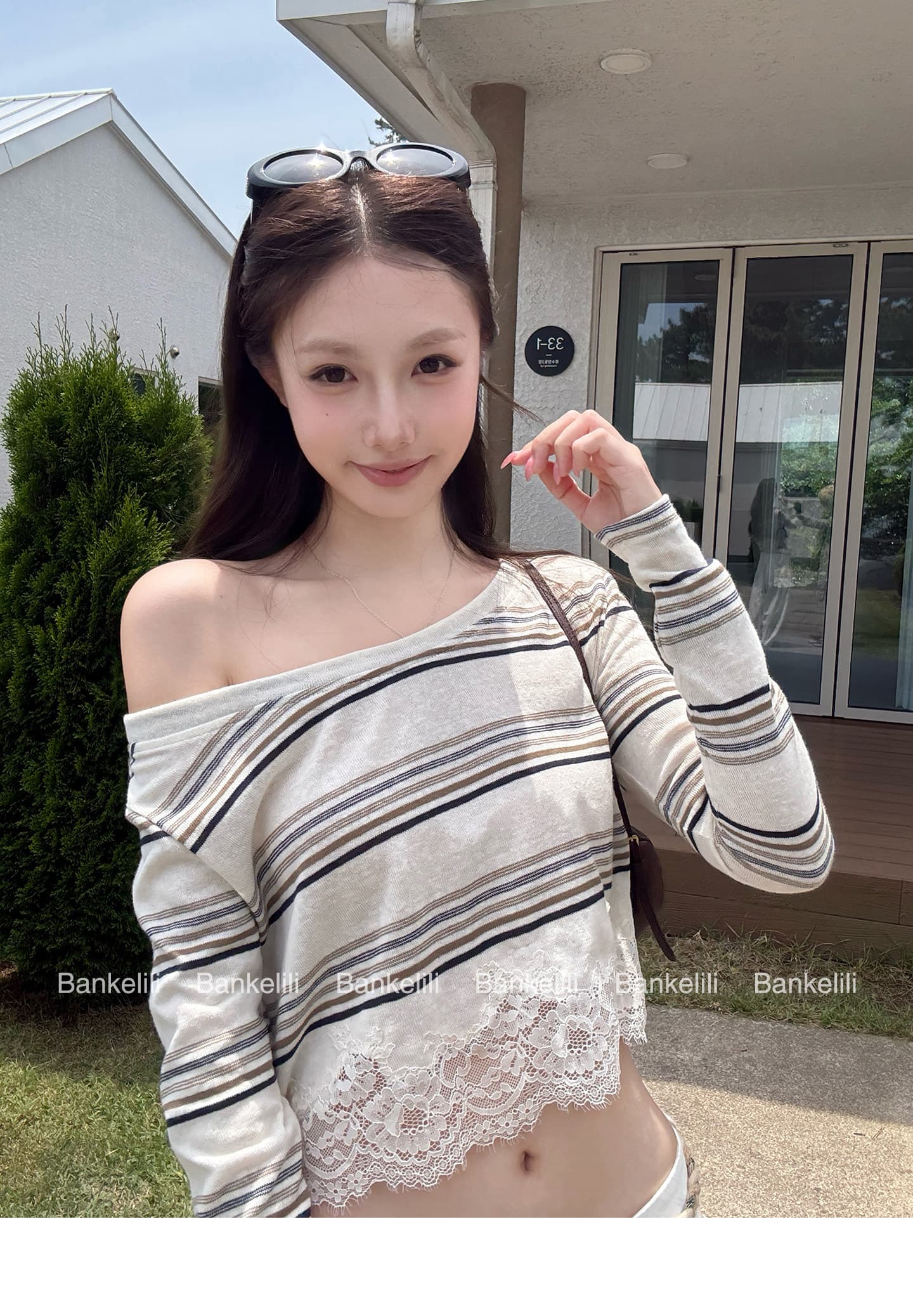 밤나무 코코아 bankelili Jiao 욕망 그리드 새싹 m1u 부서 레이스 조각 긴팔 티셔츠 여성 얇은 스타일 자외선 차단 여성 상세 이미지 8