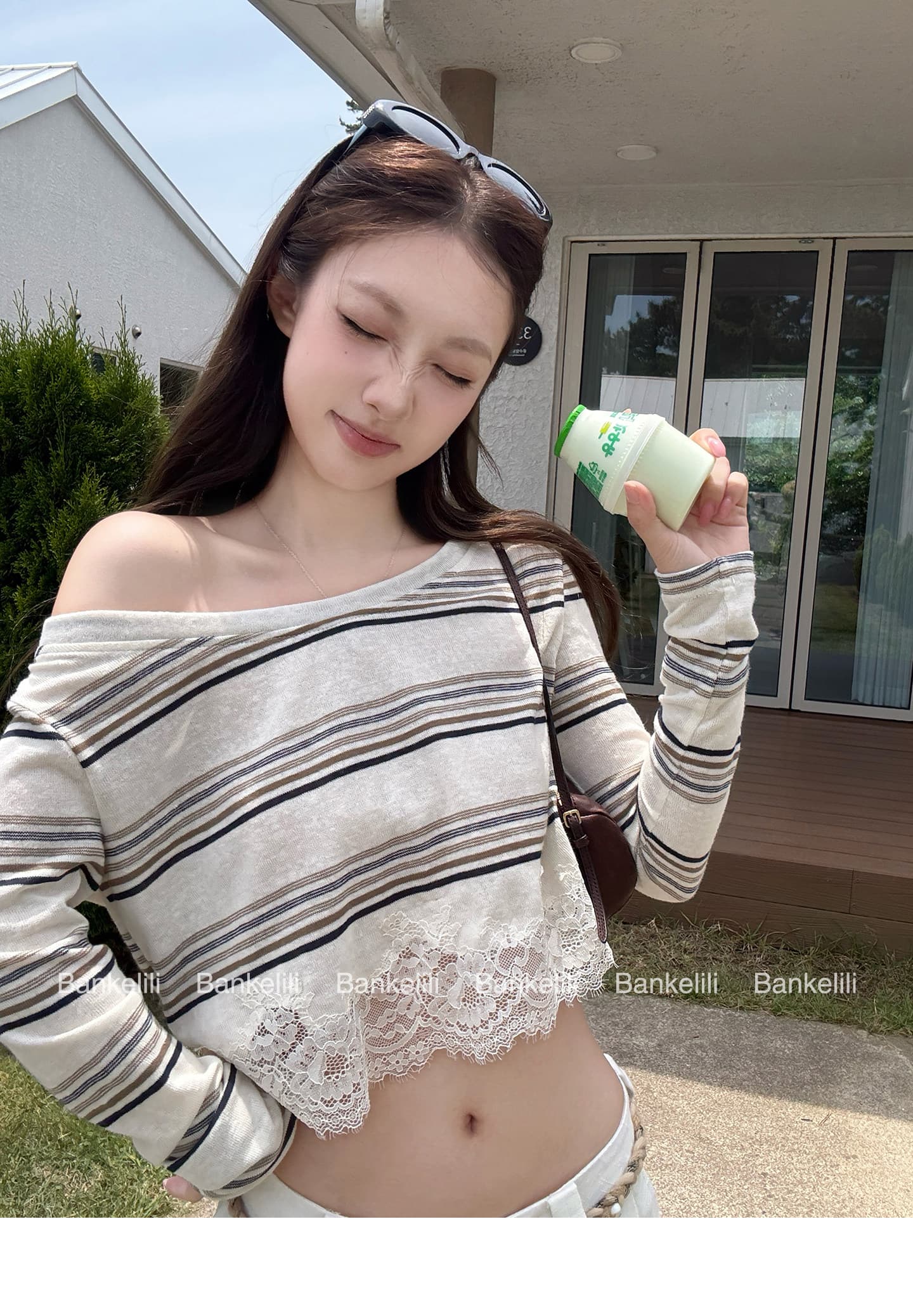 밤나무 코코아 bankelili Jiao 욕망 그리드 새싹 m1u 부서 레이스 조각 긴팔 티셔츠 여성 얇은 스타일 자외선 차단 여성 상세 이미지 9