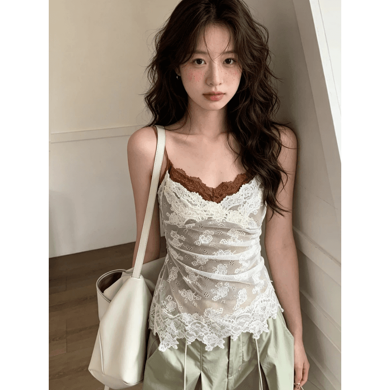 원본 원단 순수한 욕망 바람 배색 캐미솔 여름 새로운 레이스 조각 섹시함 페이크 레이어드 맨위 트렌디 이미지 4
