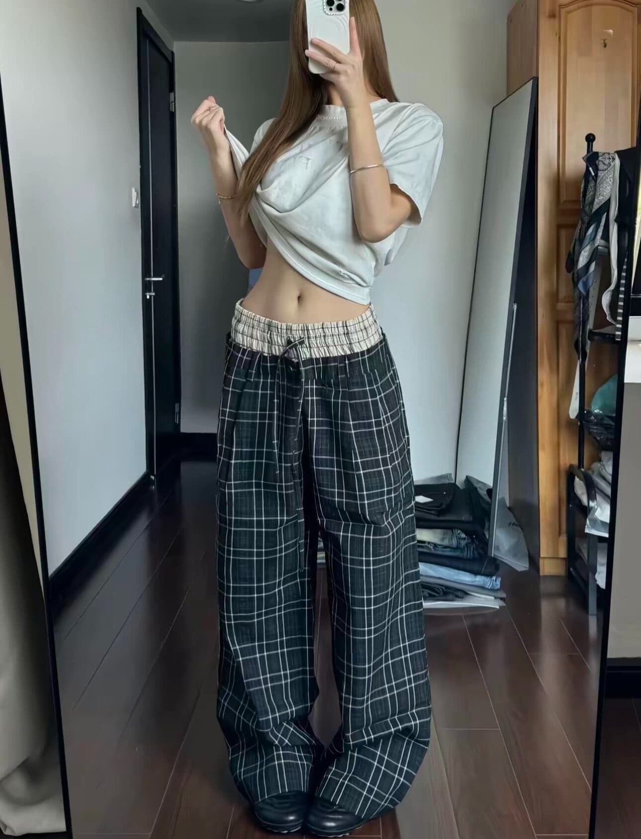 한국 chic 하이웨이스트 루즈핏 넓은 다리 한 마디 바지 여성 가을 새로운 스트레이트 더블 허리 통기성 캐주얼 체크무늬 바지 트렌디 이미지 3