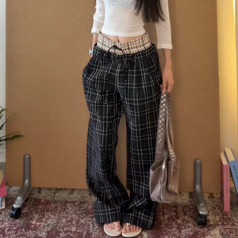 한국 chic 하이웨이스트 루즈핏 넓은 다리 한 마디 바지 여성 가을 새로운 스트레이트 더블 허리 통기성 캐주얼 체크무늬 바지 트렌디 이미지 4