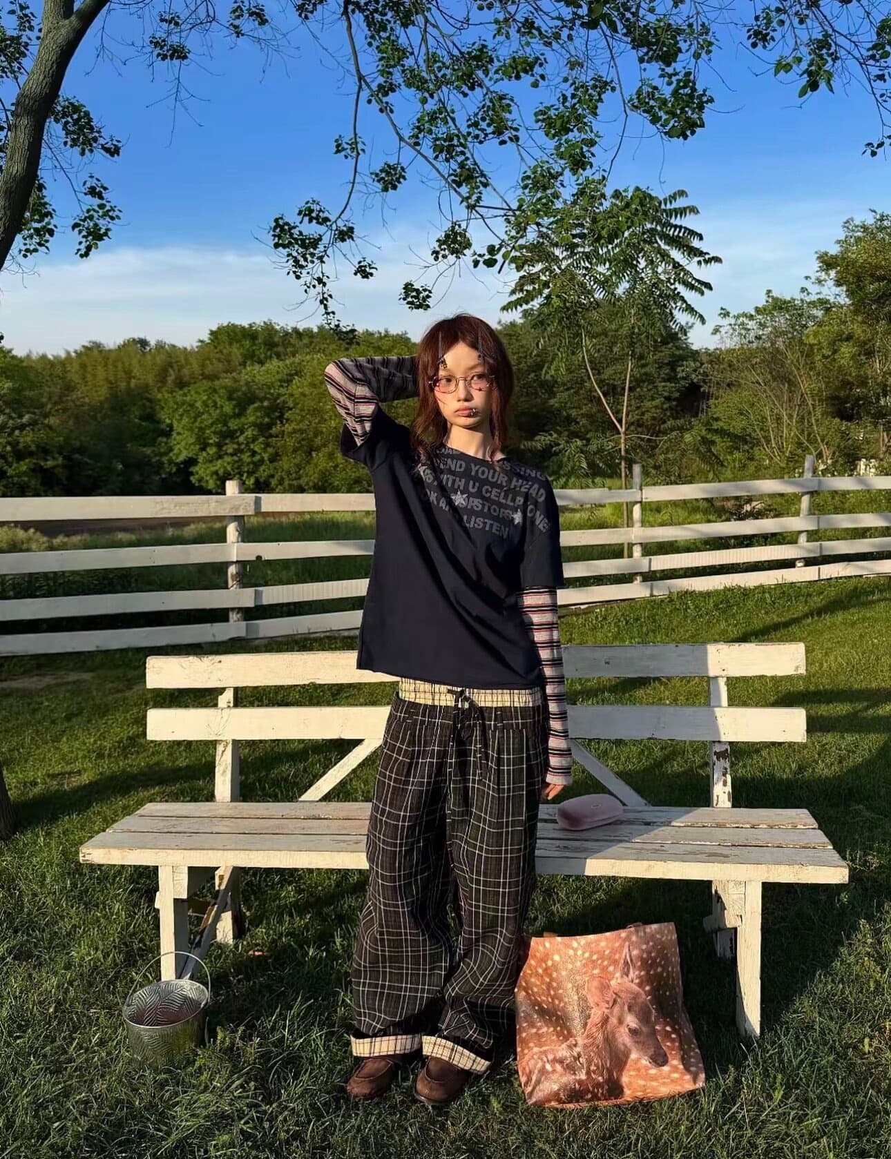 한국 chic 하이웨이스트 루즈핏 넓은 다리 한 마디 바지 여성 가을 새로운 스트레이트 더블 허리 통기성 캐주얼 체크무늬 바지 트렌디 상세 이미지 13