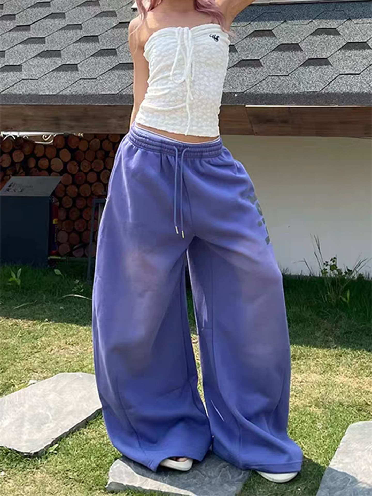 한국 chic 가을 새로운 아메리칸 레트로 마 오래된 알파벳 모통이 칼 넓은 다리 웨이 바지 여성 루즈핏 캐주얼 스트레이트 팬츠 이미지 4