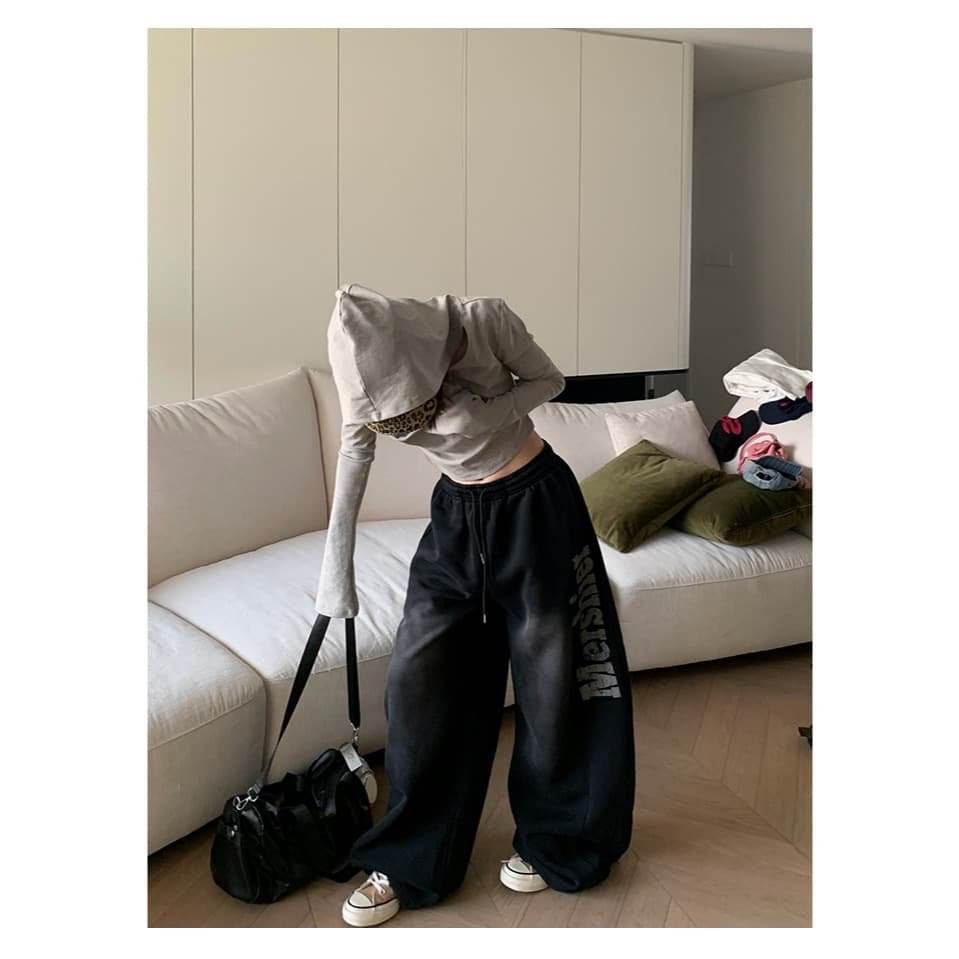 한국 chic 가을 새로운 아메리칸 레트로 마 오래된 알파벳 모통이 칼 넓은 다리 웨이 바지 여성 루즈핏 캐주얼 스트레이트 팬츠 상세 이미지 27
