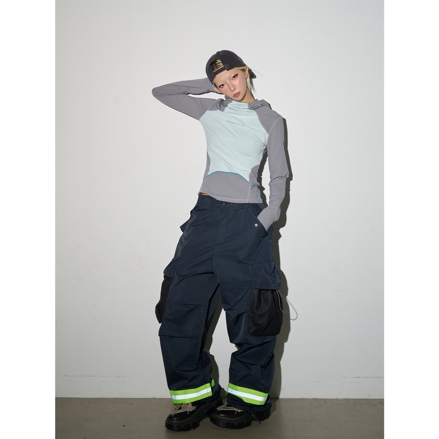 한국 chic 3 차원 명중 Pleat 새로운 아메리칸 소방 반사 기사 워크웨어 팬츠 펌프 로프 주머니 넓은 다리 캐주얼 바지 여성 이미지 2