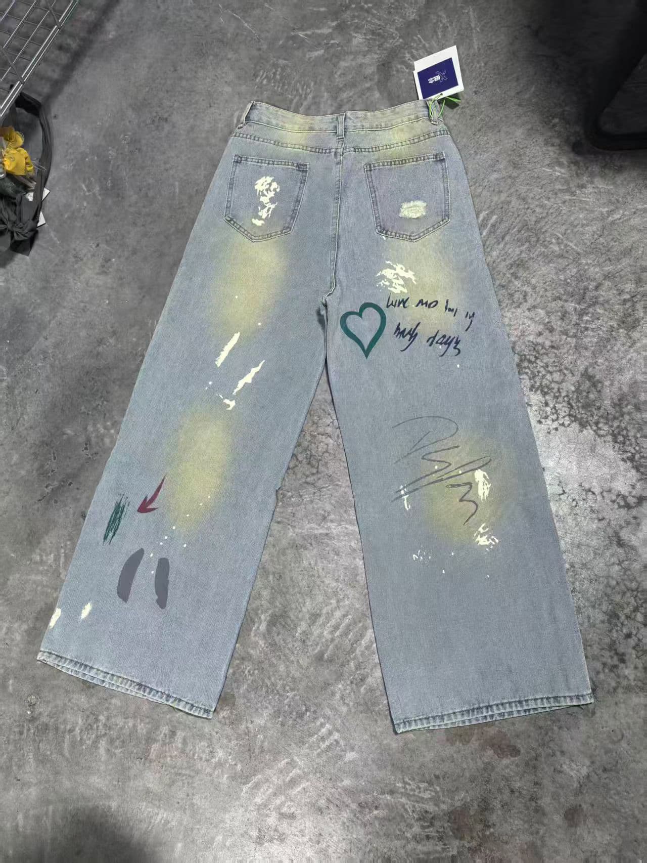 봄 여름 아메리칸 캐주얼 악당 잘 생긴 낙서 페인팅 찢어진 부분 청바지 여성 스트레이트 루즈핏 잉글랜드 와이드 레그 팬츠 어린이 트렌디 상세 이미지 2