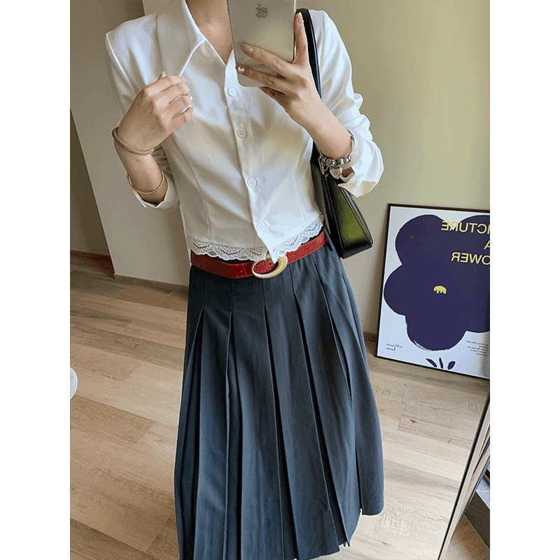 프랑스식 POLO 칼라 레이스 조각 긴팔 여성 셔츠 이른 가을 새로운 디자인 센스 몸매 가꾸기 흰 셔츠 쇼트 스타일 맨위 이미지 2