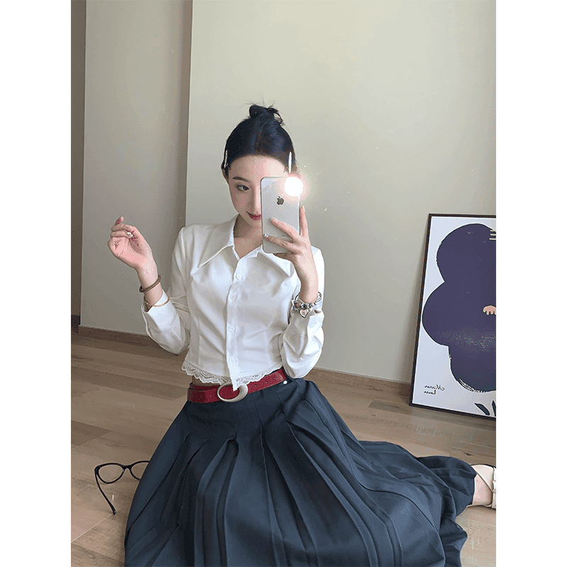 프랑스식 POLO 칼라 레이스 조각 긴팔 여성 셔츠 이른 가을 새로운 디자인 센스 몸매 가꾸기 흰 셔츠 쇼트 스타일 맨위 이미지 3