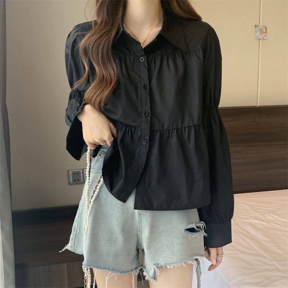 한국 chic 이른 가을 새로운 폴로 칼라 싱글 줄 버튼 주름 장식 센스 패치워크 디자인 루즈핏 거품 소매 셔츠 맨위 여성 이미지 3