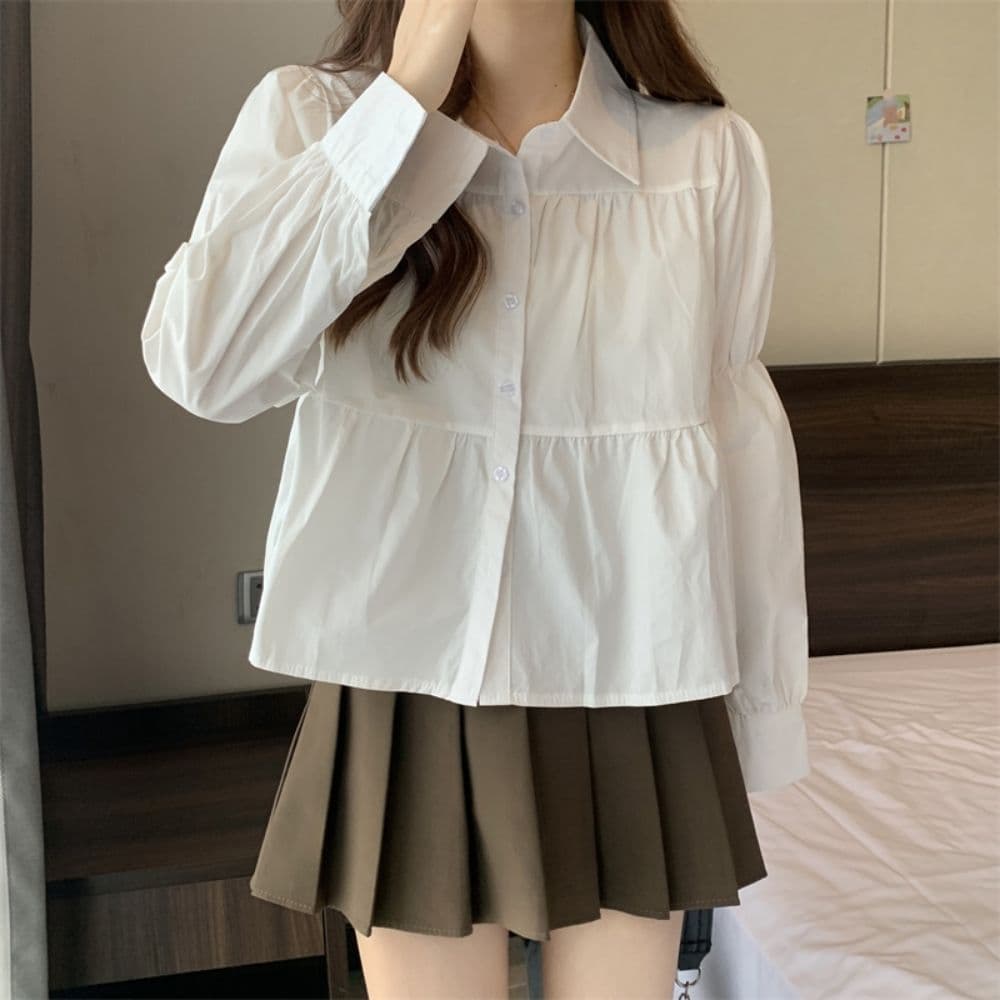 한국 chic 이른 가을 새로운 폴로 칼라 싱글 줄 버튼 주름 장식 센스 패치워크 디자인 루즈핏 거품 소매 셔츠 맨위 여성 상세 이미지 2