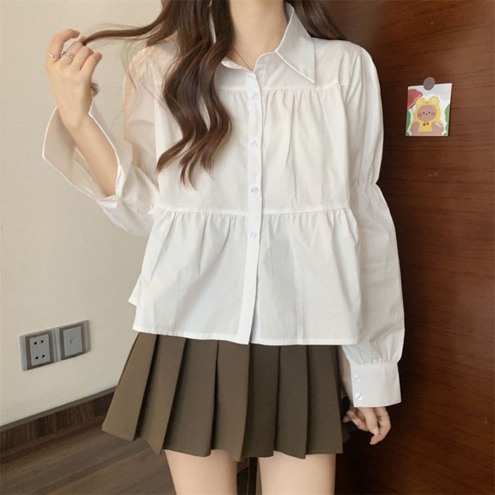 한국 chic 이른 가을 새로운 폴로 칼라 싱글 줄 버튼 주름 장식 센스 패치워크 디자인 루즈핏 거품 소매 셔츠 맨위 여성 상세 이미지 3