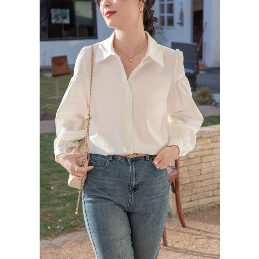 프랑스식 화이트 여성 셔츠 2026 가을 새로운 달콤함 연령 감소 거품 소매 인사이드 가져 가라. 셔츠 긴팔 만나는 맨위 이미지 3