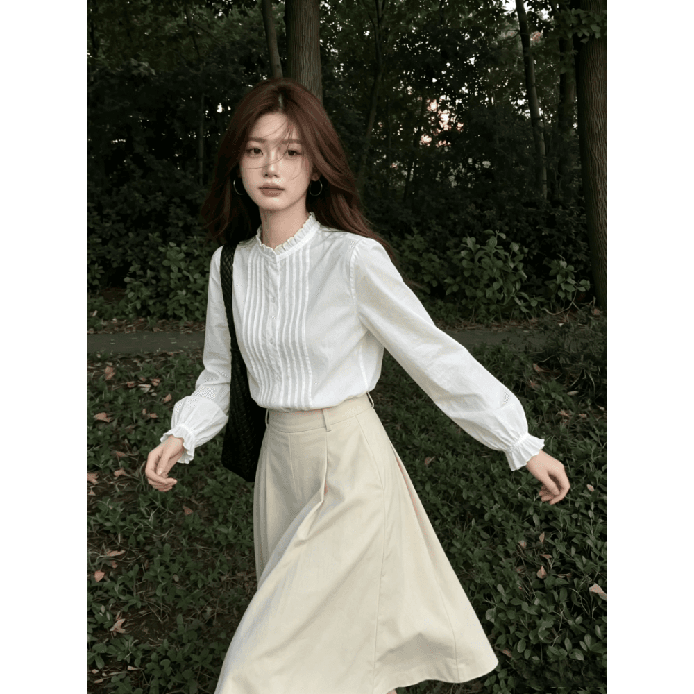 프랑스식 레트로 여성 셔츠 2026 가을 새로운 Chic 흰 셔츠 디자인 센스 작은 대중 스탠드 칼라 긴팔 셔츠 트렌디 이미지 3