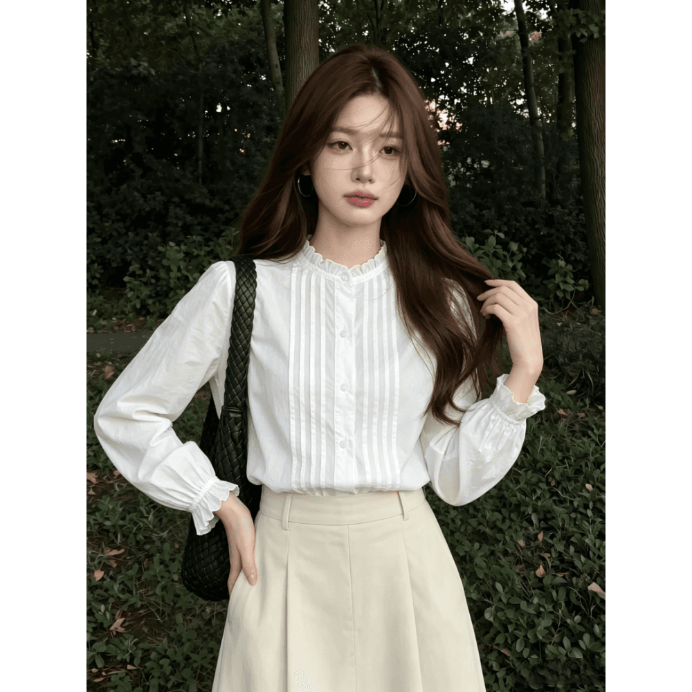 프랑스식 레트로 여성 셔츠 2026 가을 새로운 Chic 흰 셔츠 디자인 센스 작은 대중 스탠드 칼라 긴팔 셔츠 트렌디 상세 이미지 5