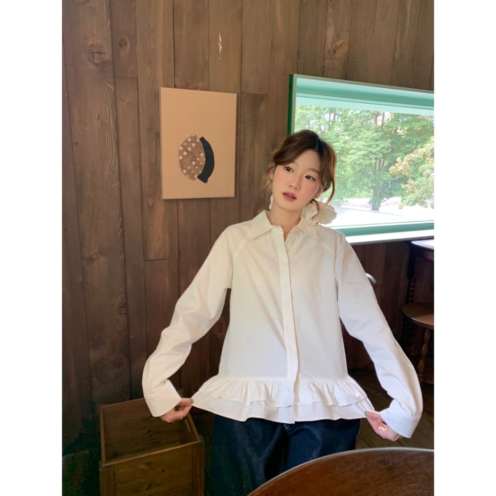 가을 새로운 프랑스식 레트로 여성 셔츠 디자인 프릴 불규칙 셔츠 작은 키 스택 착용 맨위 ins 이미지 4