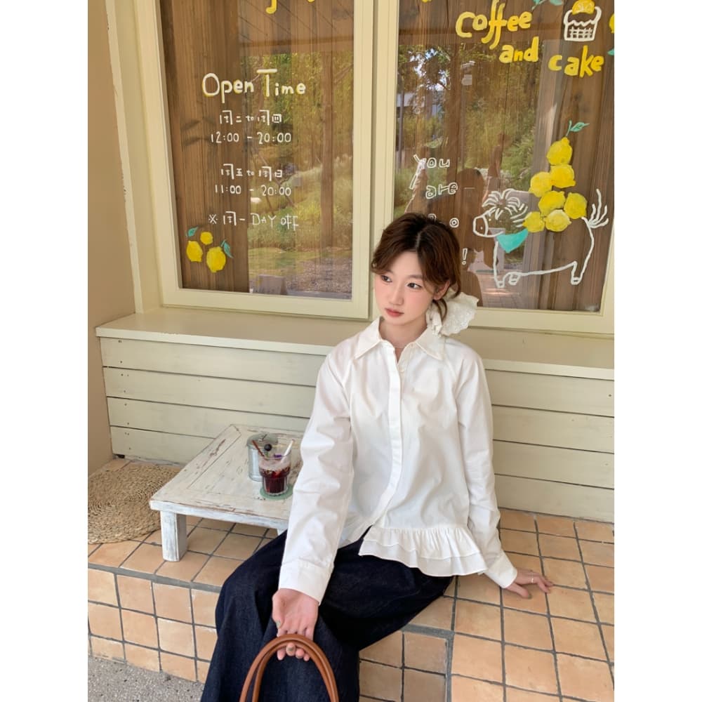 가을 새로운 프랑스식 레트로 여성 셔츠 디자인 프릴 불규칙 셔츠 작은 키 스택 착용 맨위 ins 이미지 3